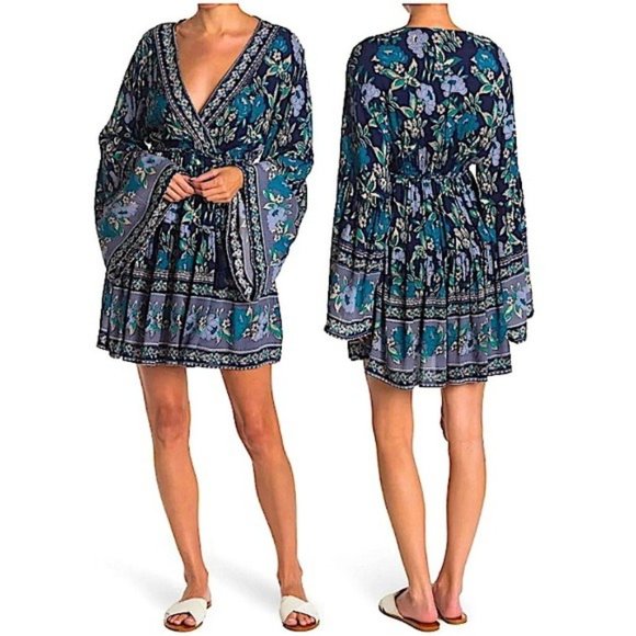 Blue Boho Floral V-Neck Flare Sleeve Mini Dress - Picture 1 of 1